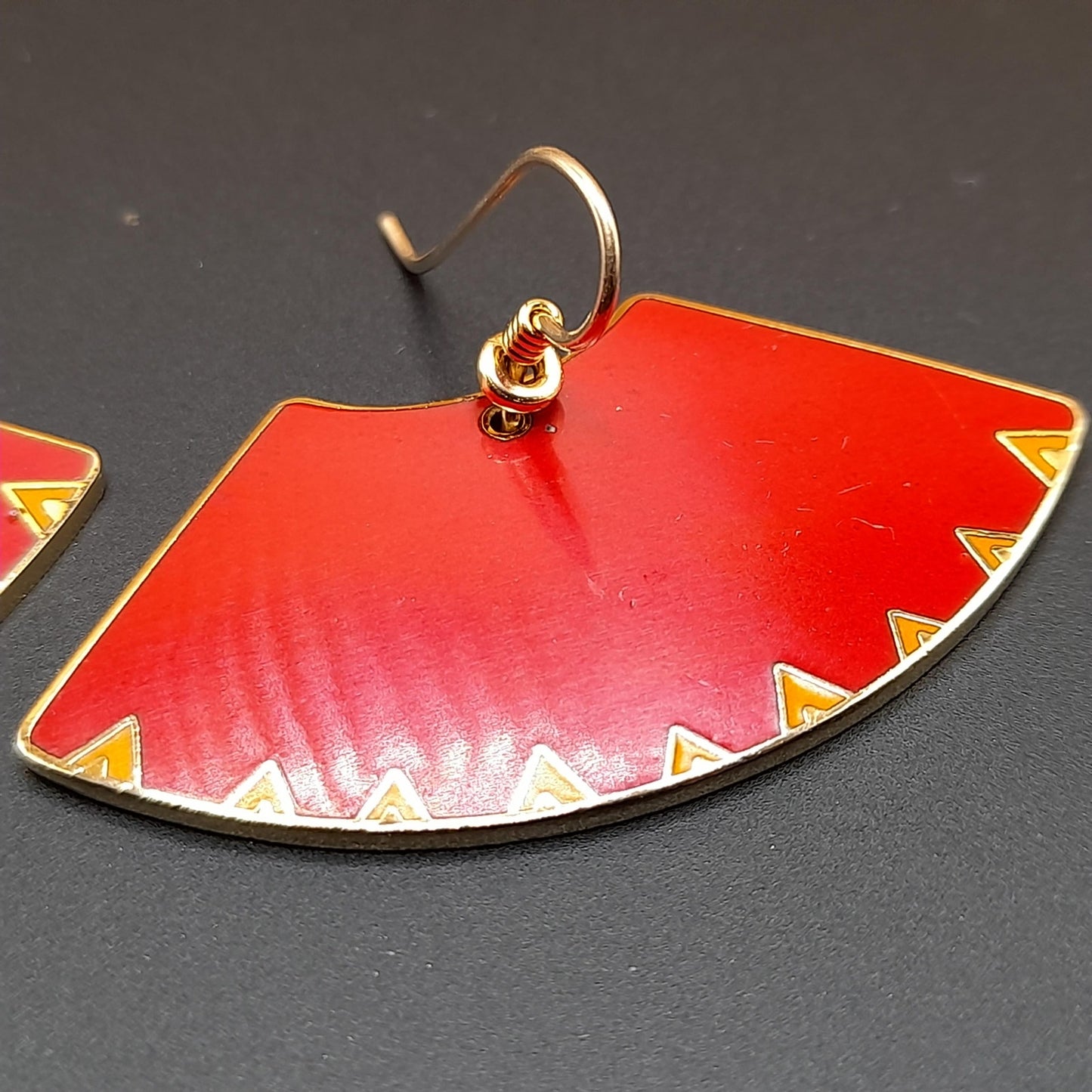 Laurel Burch "Mitra" Red Large Fan Earrings, Gold Plated, Cloisonne Enamel, 1980s Vintage Jewelry