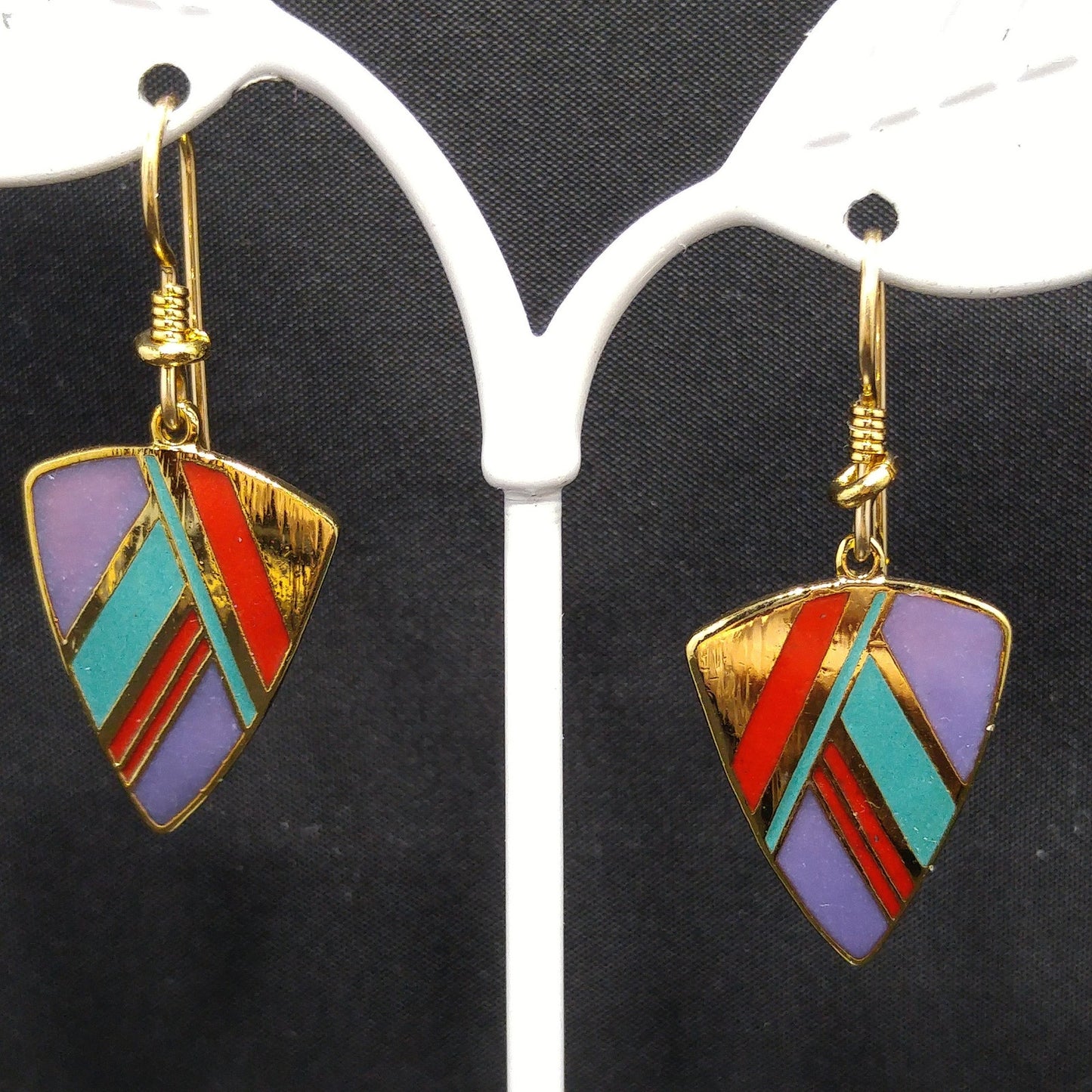 Vintage Laurel Burch Gold Plated Dangle Earrings, Enamel Teal Purple Red
