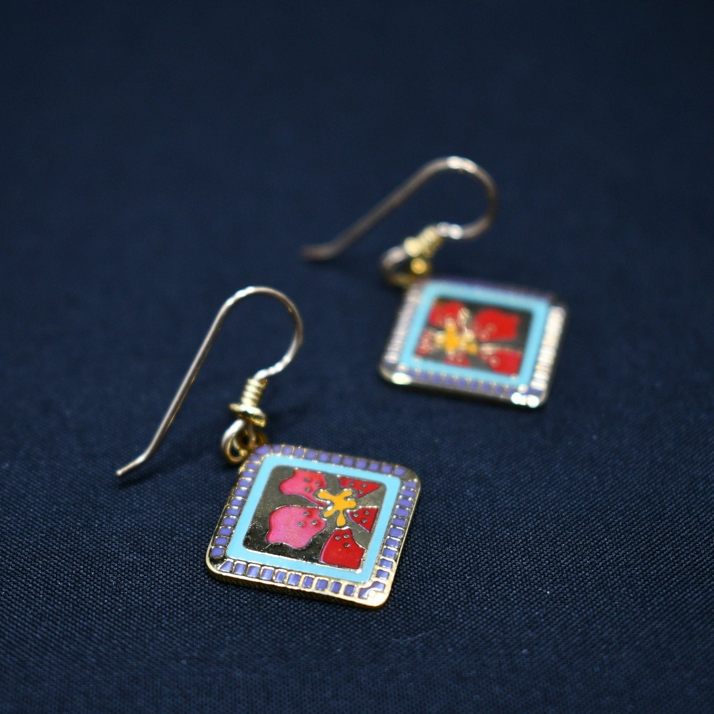 Vintage Laurel Burch "Jasmine For Jodi" Earrings, Red Flower Gold Plated