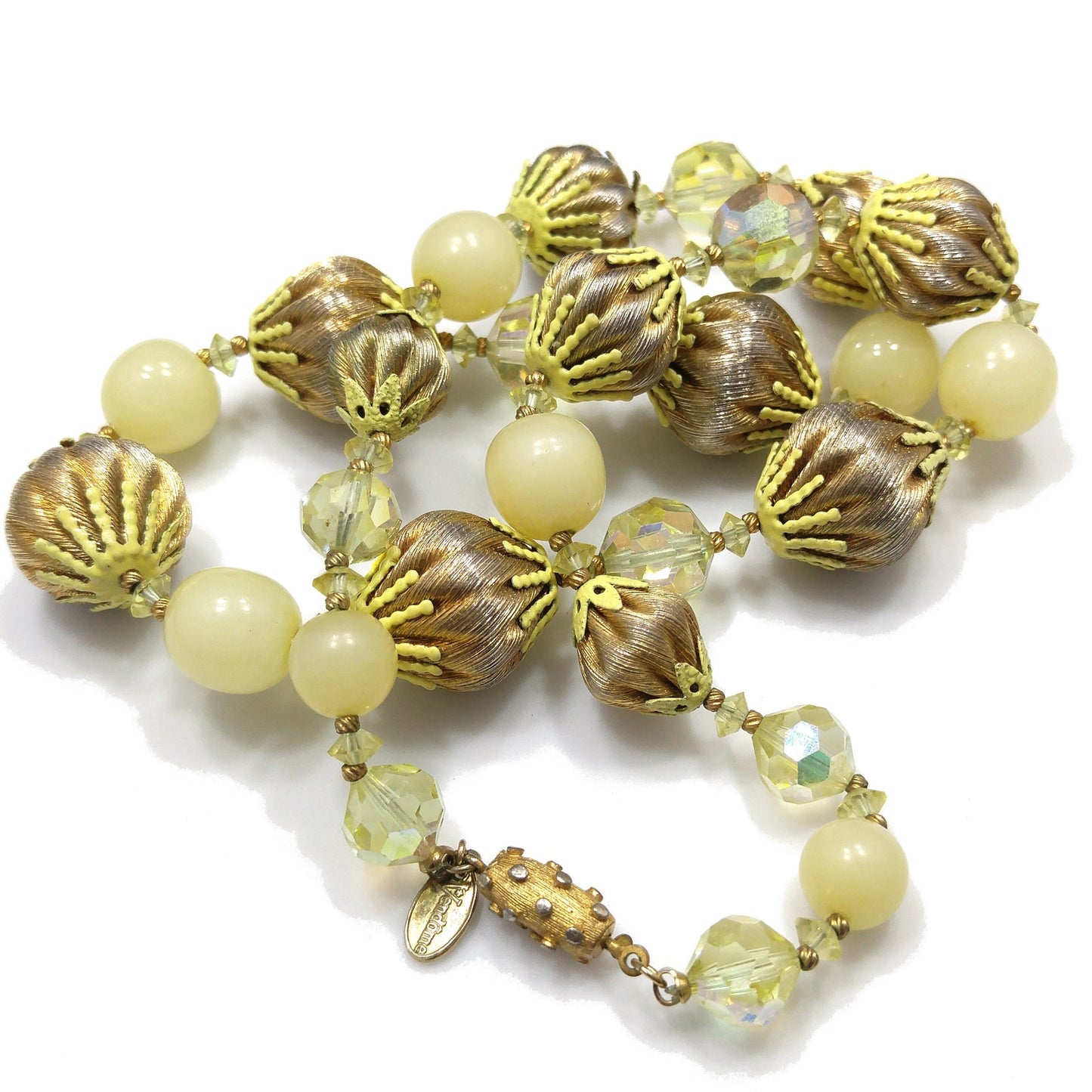 Vendome Gold Twist & AB Crystal Bead Necklace, Yellow Bead Caps, Gold Plated, 1960s Vintage Jewelry