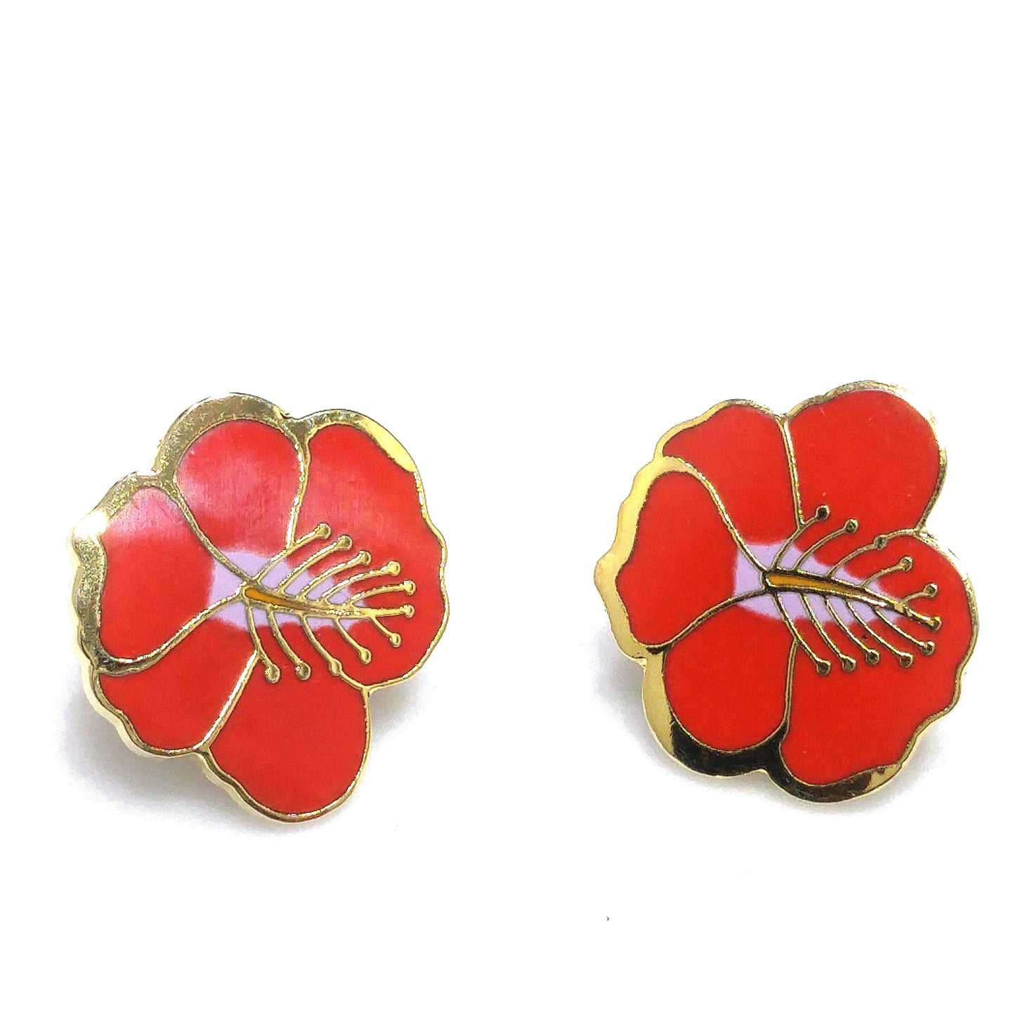 Vintage Laurel Burch Red Hibiscus Clip Earrings, Gold Plated