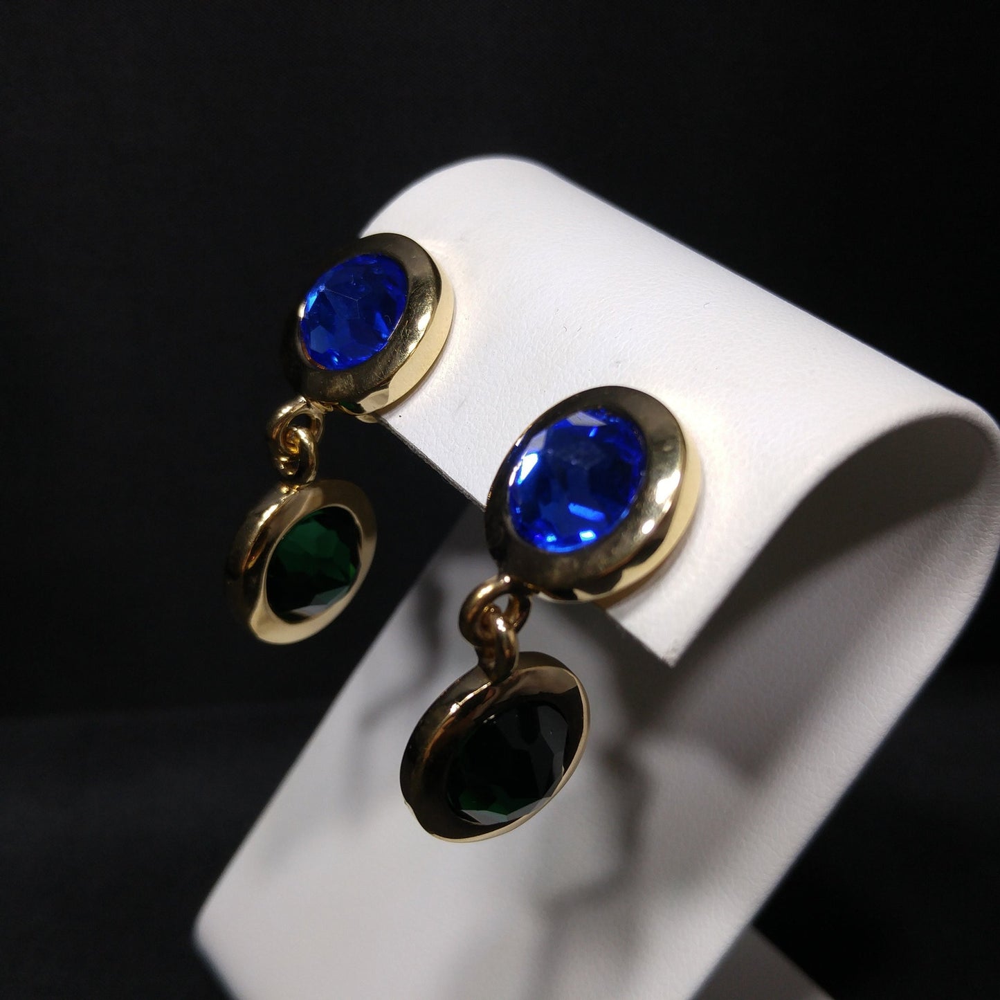 Swarovski Gold Plated Drop Earrings, Blue Green Purple Crystals, Vintage 1990s Swan Logo