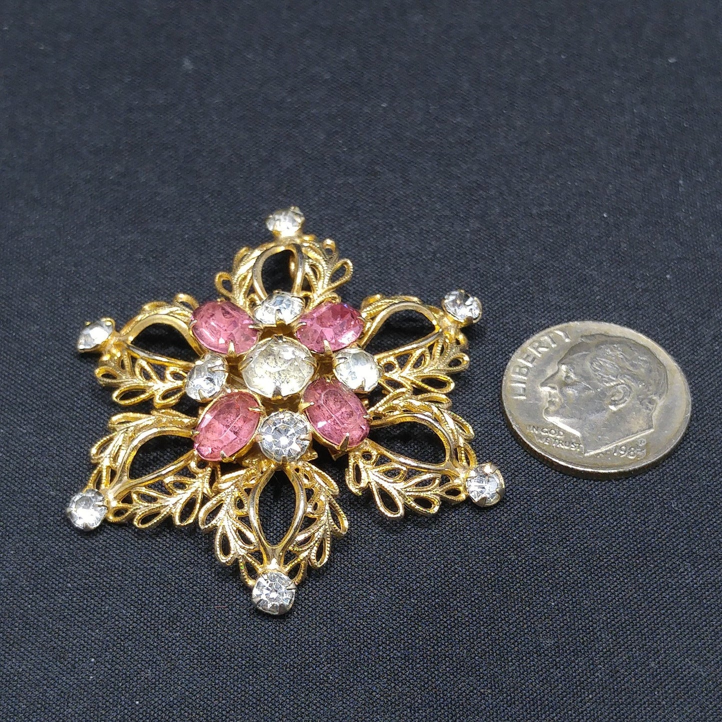 Scitarelli Mid-century Pink Clear Rhinestone Floral Brooch Pendant, 1950s Vintage Jewelry