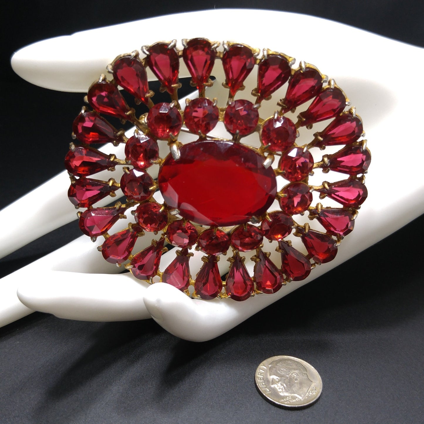Large Red Rhinestone Sash Pin Brooch, Faceted Red Glass Stone Center, 1940s Vintage Jewelry