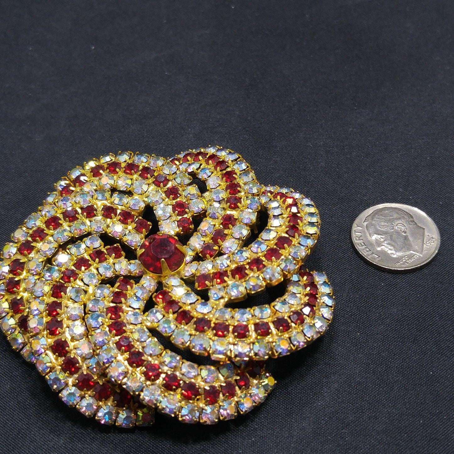 Vintage Pinwheel Rhinestones Brooch, AB Clear Red Rhinestones, Gold Plated, 1960s