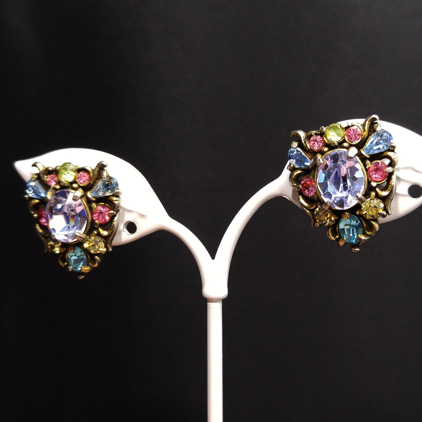 Hollycraft Pastel Rhinestone Earrings, Signed Copr 1950, Vintage Jewelry