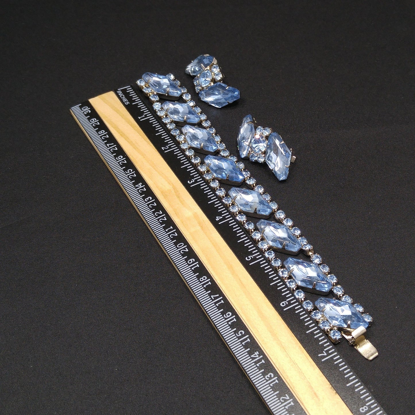 Light Blue Rhinestone Bracelet & Clip Earrings, Rhodium Plated, Ear Climbers, 1960s Vintage Jewelry