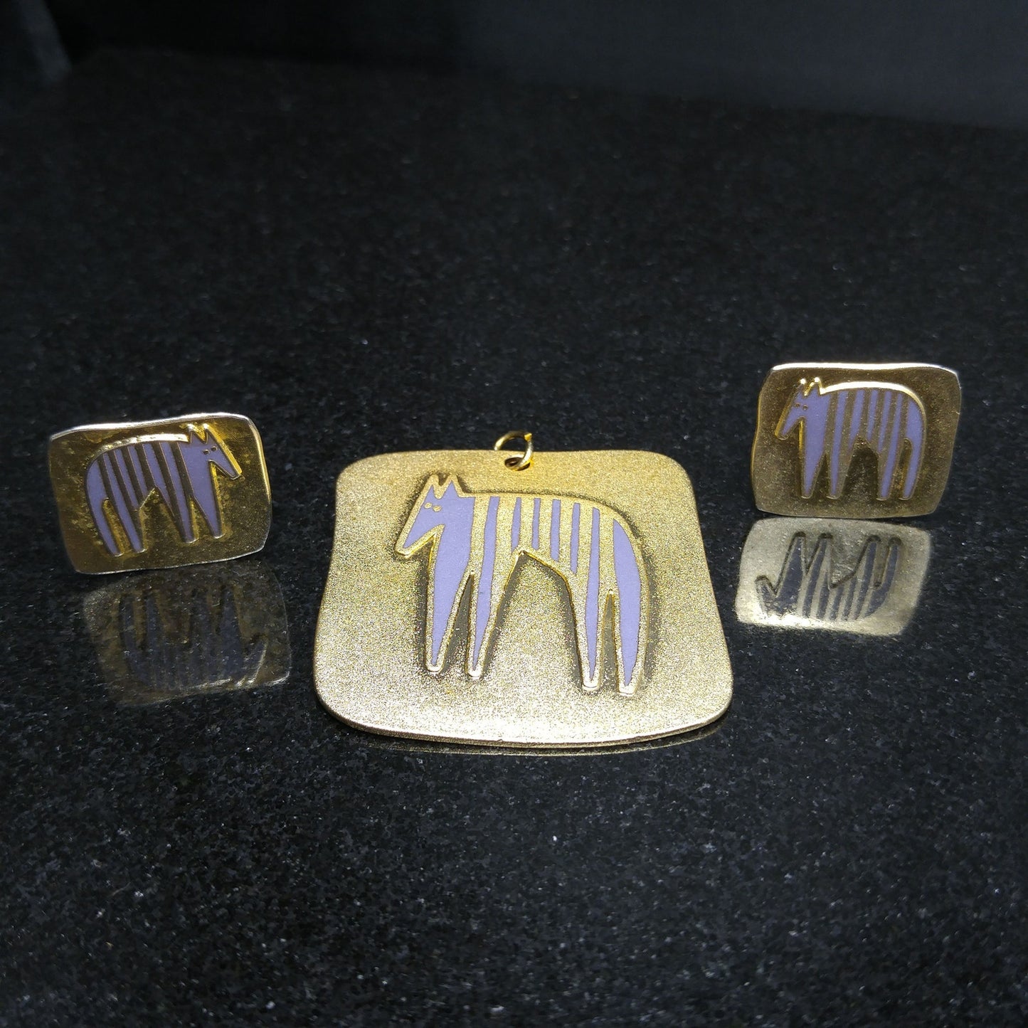 Laurel Burch "Striped Beast" Pendant & Earrings, Brass Purple Enamel, 1980s
