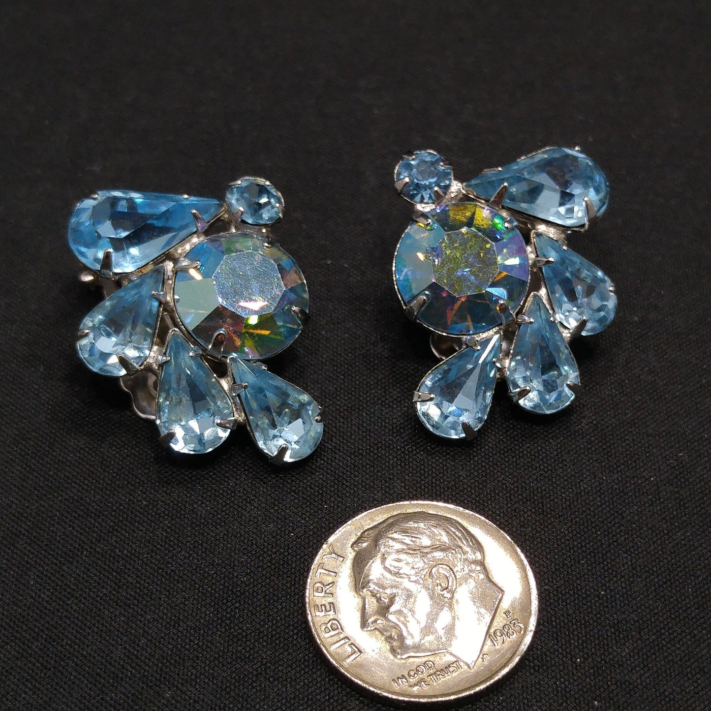 Weiss Light Blue Rhinestone Clip Earrings, Rhodium Plated, 1960s Vintage Jewelry