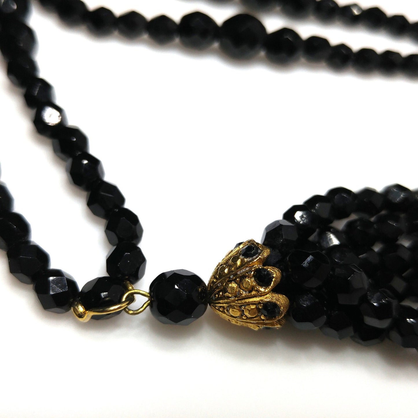 Robert Rose Black Crystal Beaded Tassel Necklace, 50 Inch, 1990s Vintage
