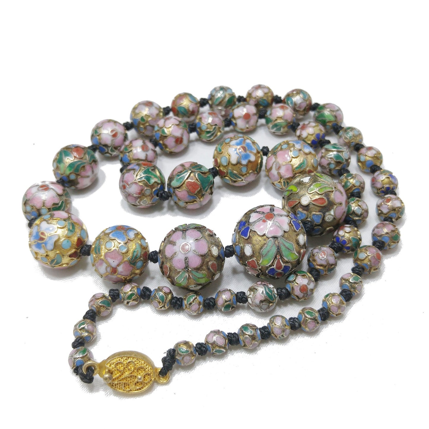 Vintage Cloisonne Beaded Necklace, Hand Knotted, Hand Painted Floral Beads, 1960