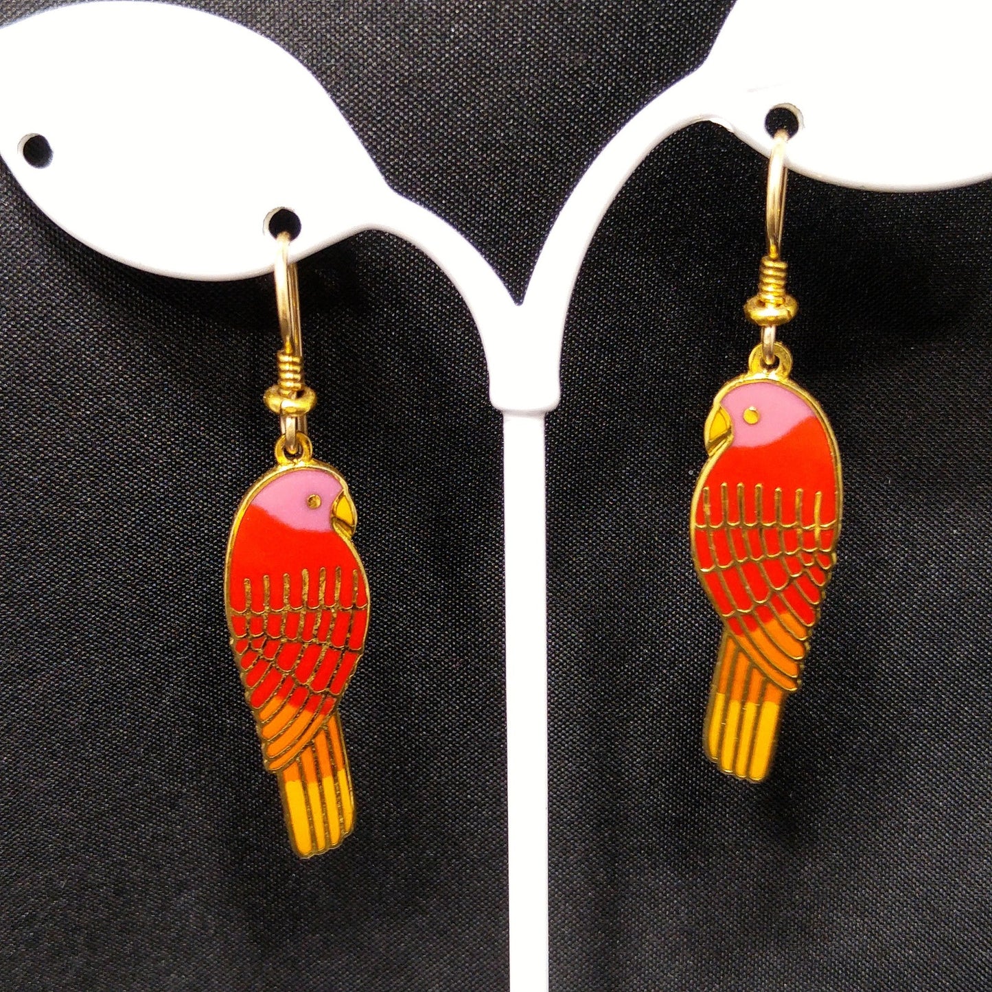 Laurel Burch "Lorikeets" Earrings, Gold Plated Cloisonne & Enamel, 1980s Vintage
