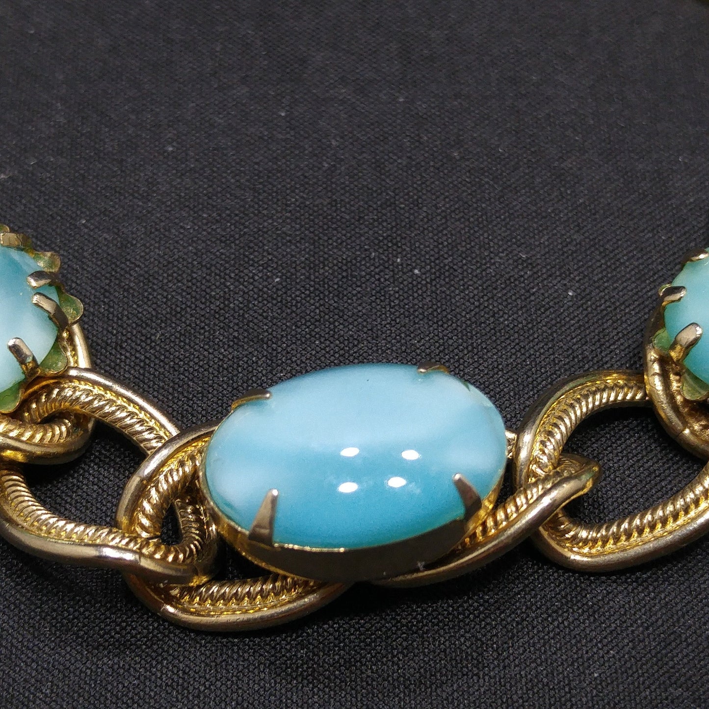 Mid-century Turquoise Art Glass Cabochon Bracelet, Gold Tone, 1950s Vintage Jewelry