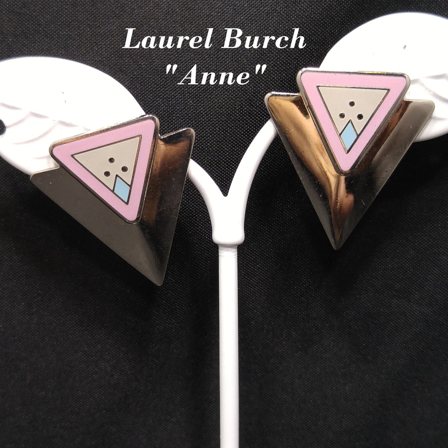 Vintage Laurel Burch "Anne" Triangle Post Earrings, Rhodium Plated, 1980s