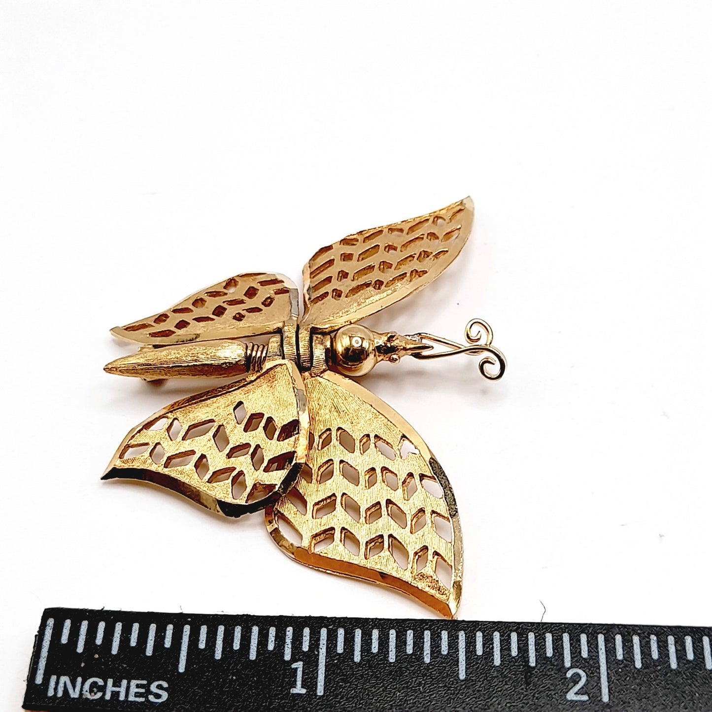 Vintage Gold Butterfly Brooch, Articulated Wings, Filigree Mid-Century Jewelry