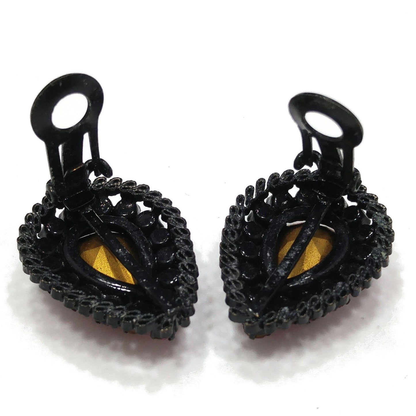 Made in Austria Red Pink Rhinestone Earrings, Japanned Black Metal, 1960s Vintage