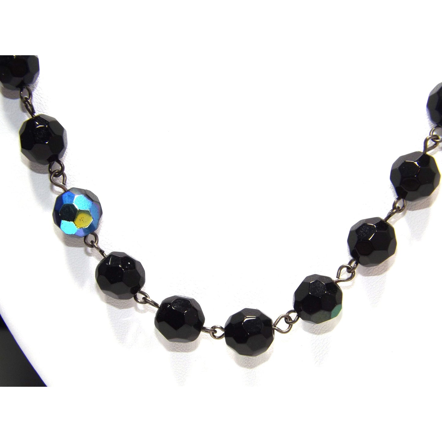 Long Black Crystal Beaded Necklace, Aurora Borealis, No Clasp, 1970s Vintage Jewelry