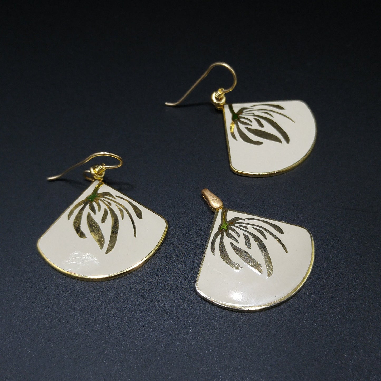 Laurel Burch Willow Earrings & Pendant, Creamy White Enamel, Gold Plated, 1980s Vintage Jewelry