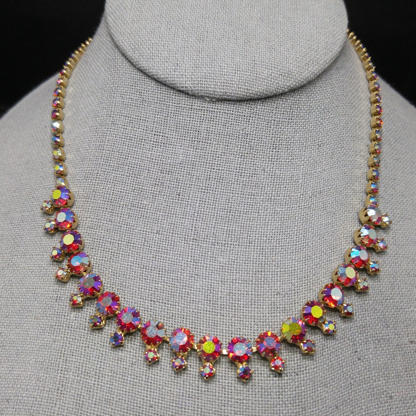 Red Rhinestone Aurora Borealis Choker Necklace, Gold Plated, 1960s Vintage Jewelry