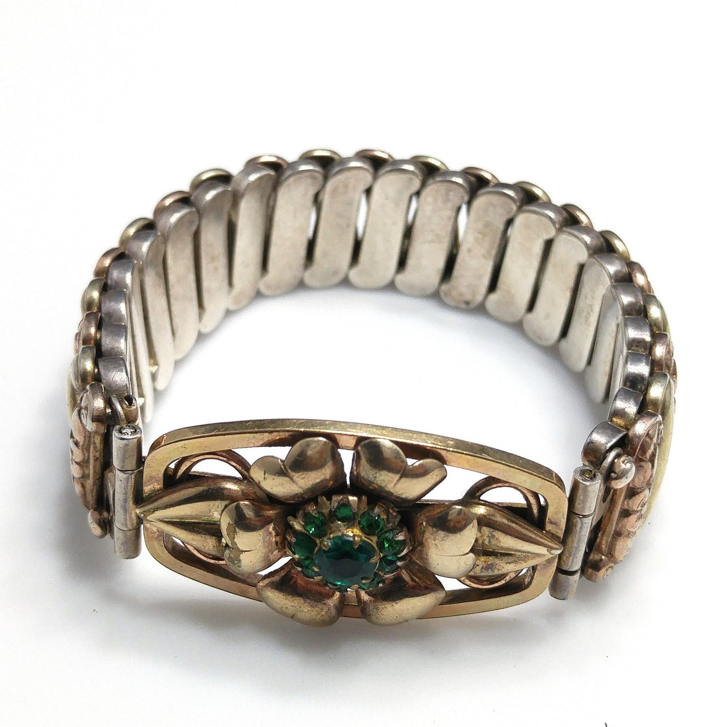 Antique Lustern Expansion Bracelet, 12KGF Sterling, Green Rhinestones, 1920s Vintage Jewelry