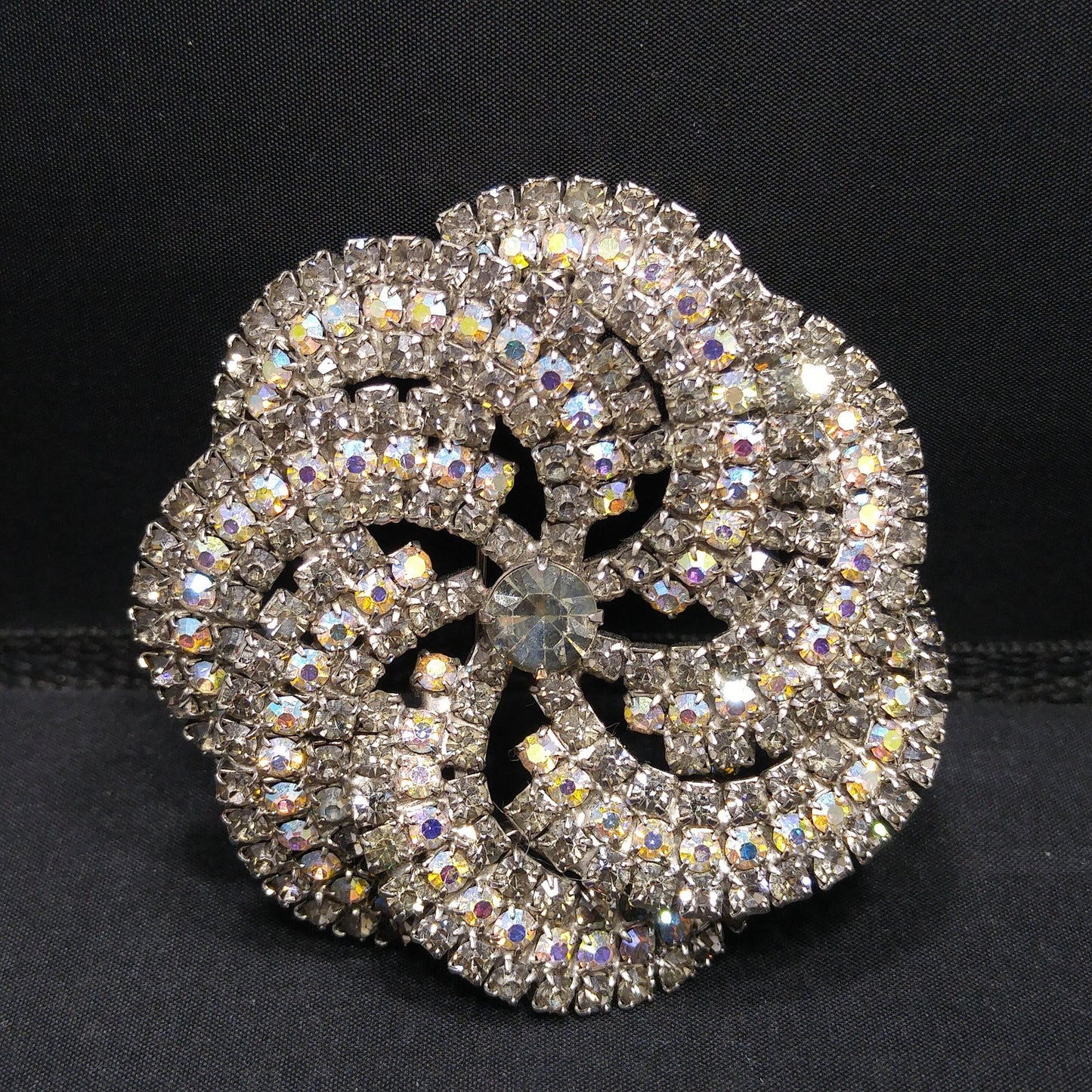 Vintage Pinwheel Rhinestones Brooch, AB Rhinestones, Rhodium Plated, 1960s