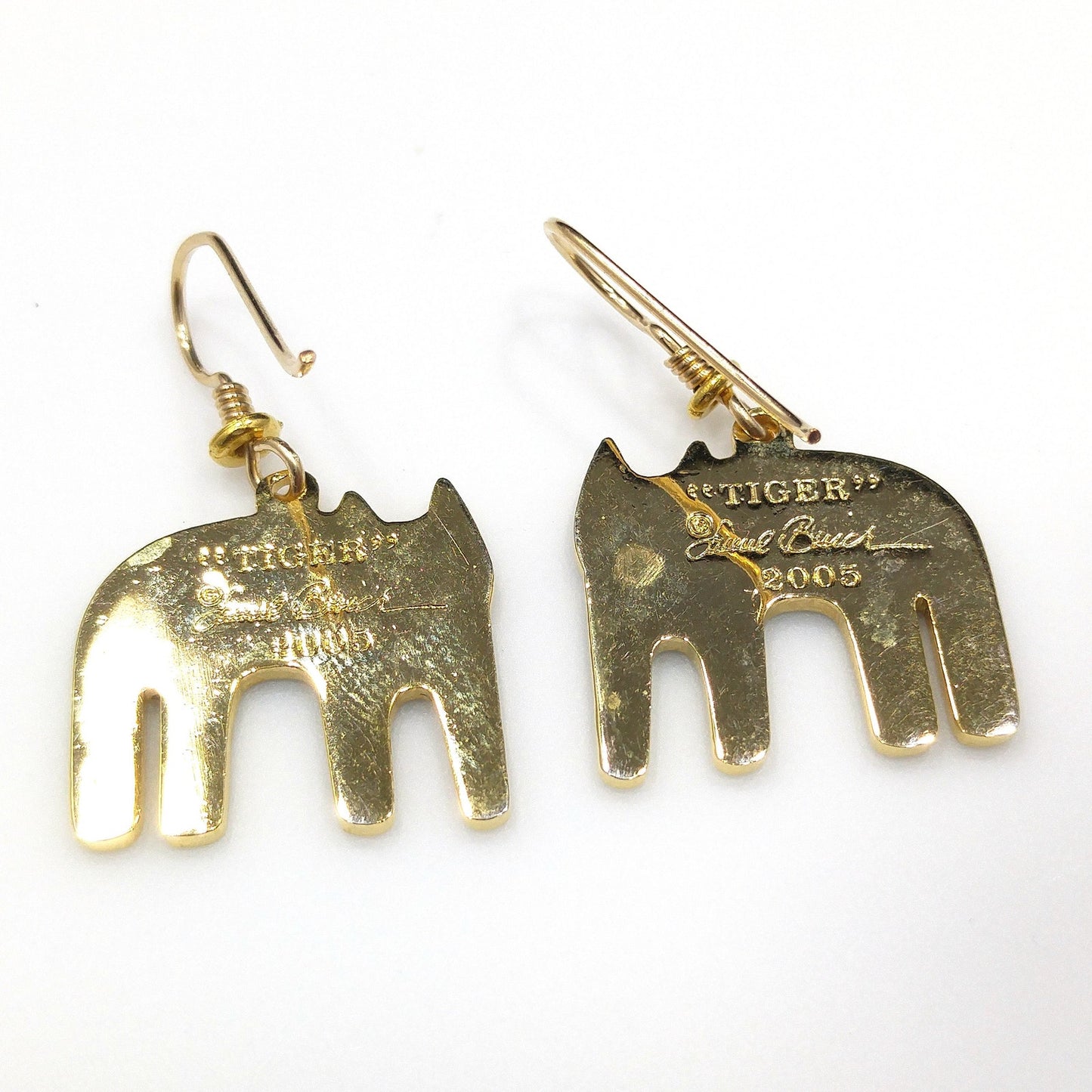 Vintage Laurel Burch "Tiger" Drop Earrings, Gold Plated, Black Red Enamel, 2005