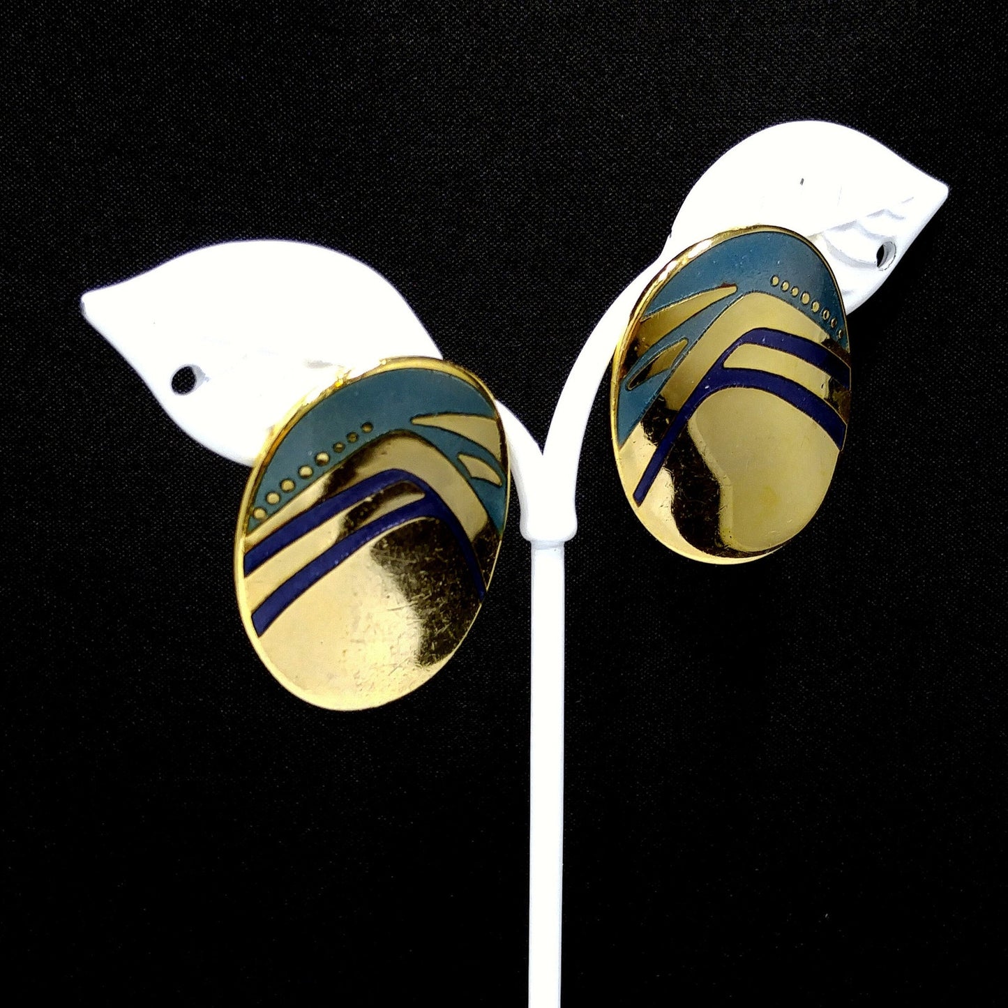 Laurel Burch Blue Metallic Oval Post Earrings, Gold Plated, 1980s Vintage