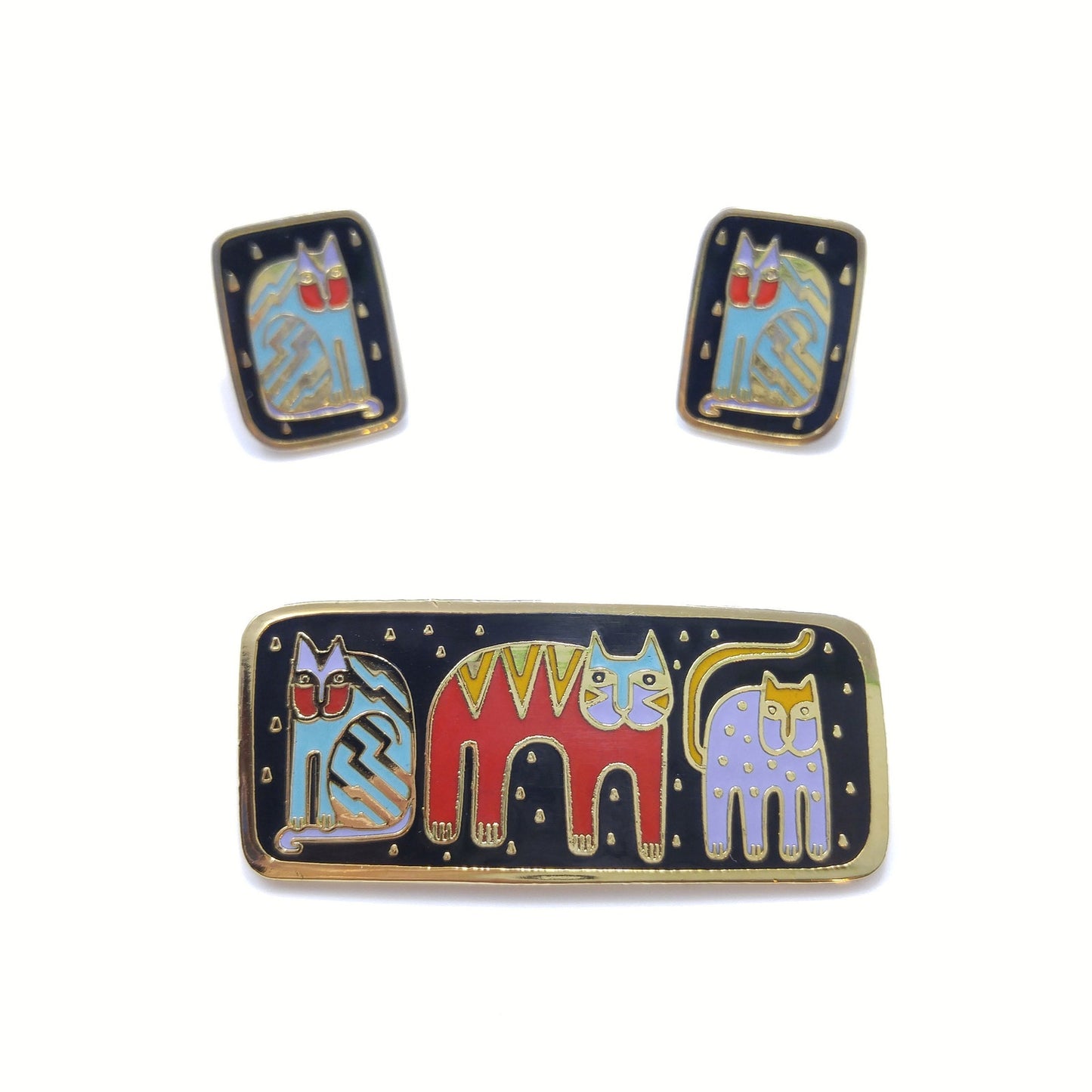 Vintage Laurel Burch "Fantastic Felines" Brooch & Earrings, 1980s