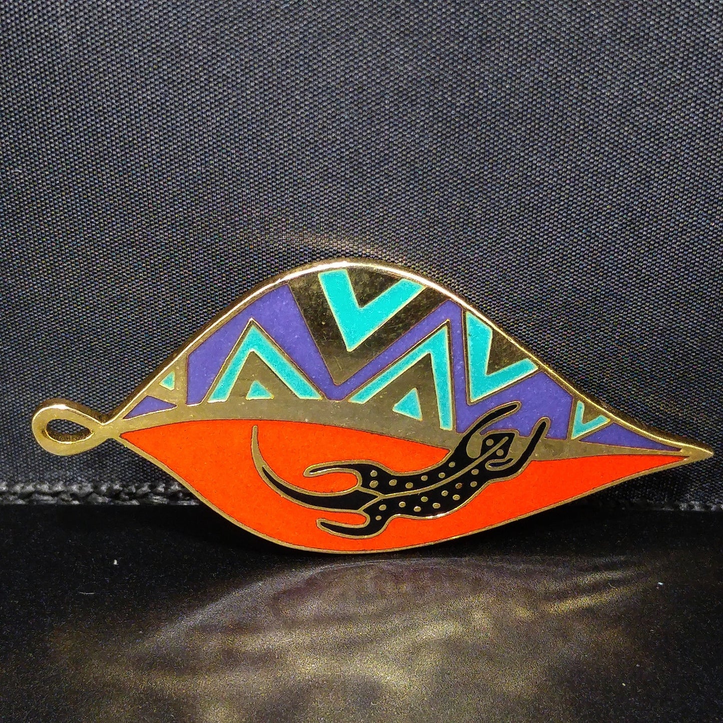 Laurel Burch "Leaf Lizard" Brooch & Pendant, Cloisonné Gold Plated, Enamel, 1980s Vintage Jewelry