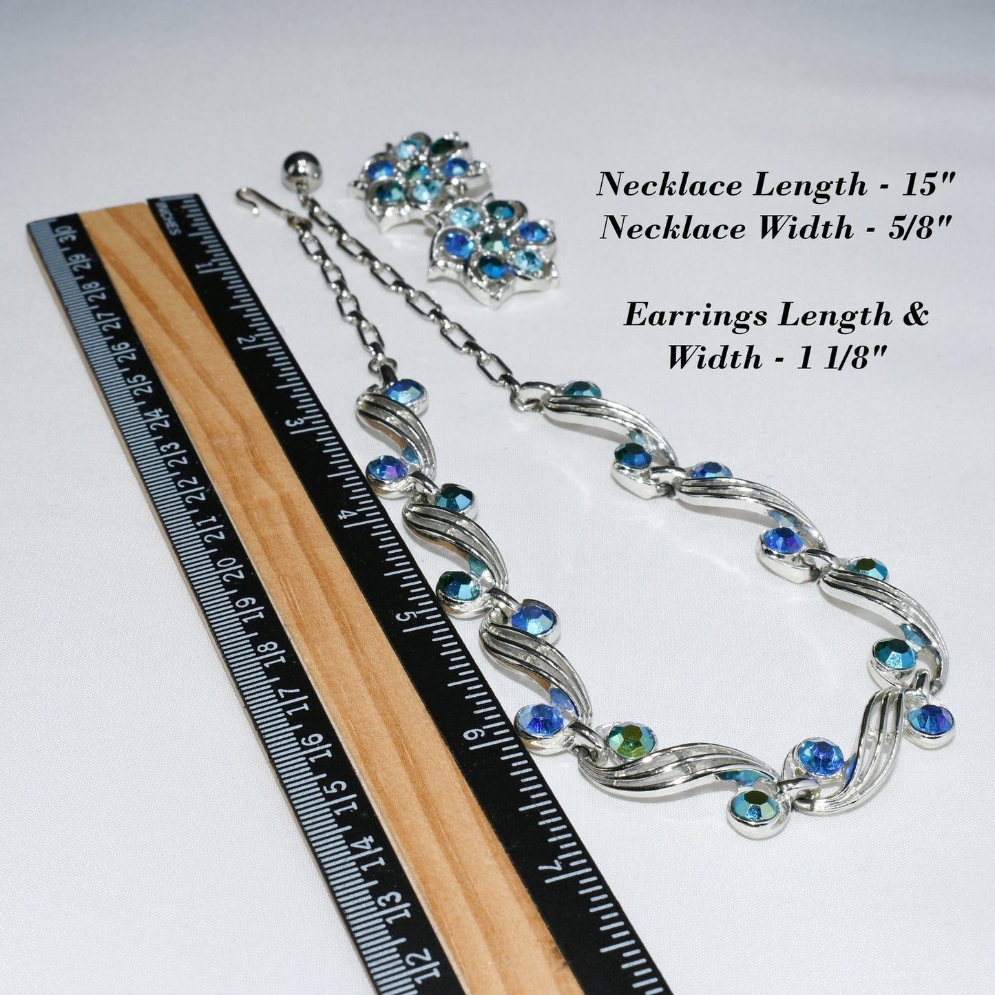 Blue Aurora Borealis Rhinestone Choker Necklace Earrings, Rhodium Plated, 1950s Vintage Jewelry