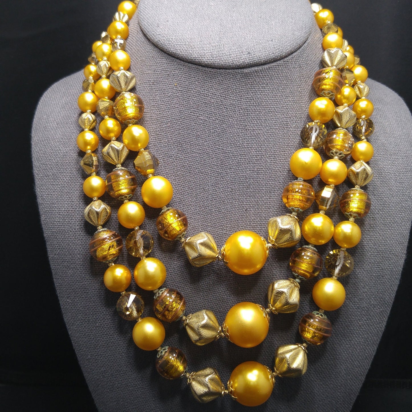 Vintage 1950s Gold Glass Bead Necklace, 3 Strand Mid-Century Statement Jewelry