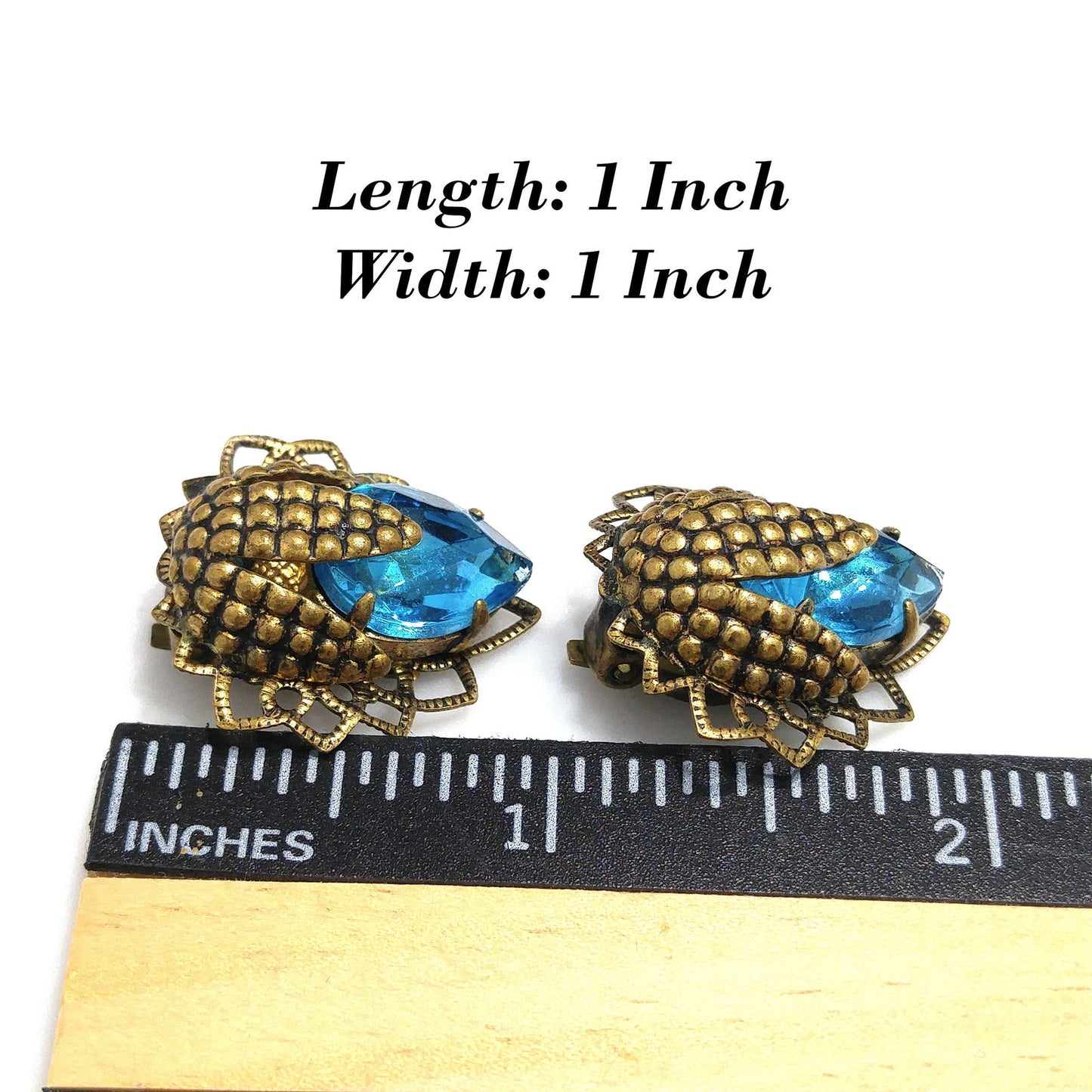 Germany Turquoise Filigree Clip Earrings, Large Rhinestone, 1940s Vintage Jewelry