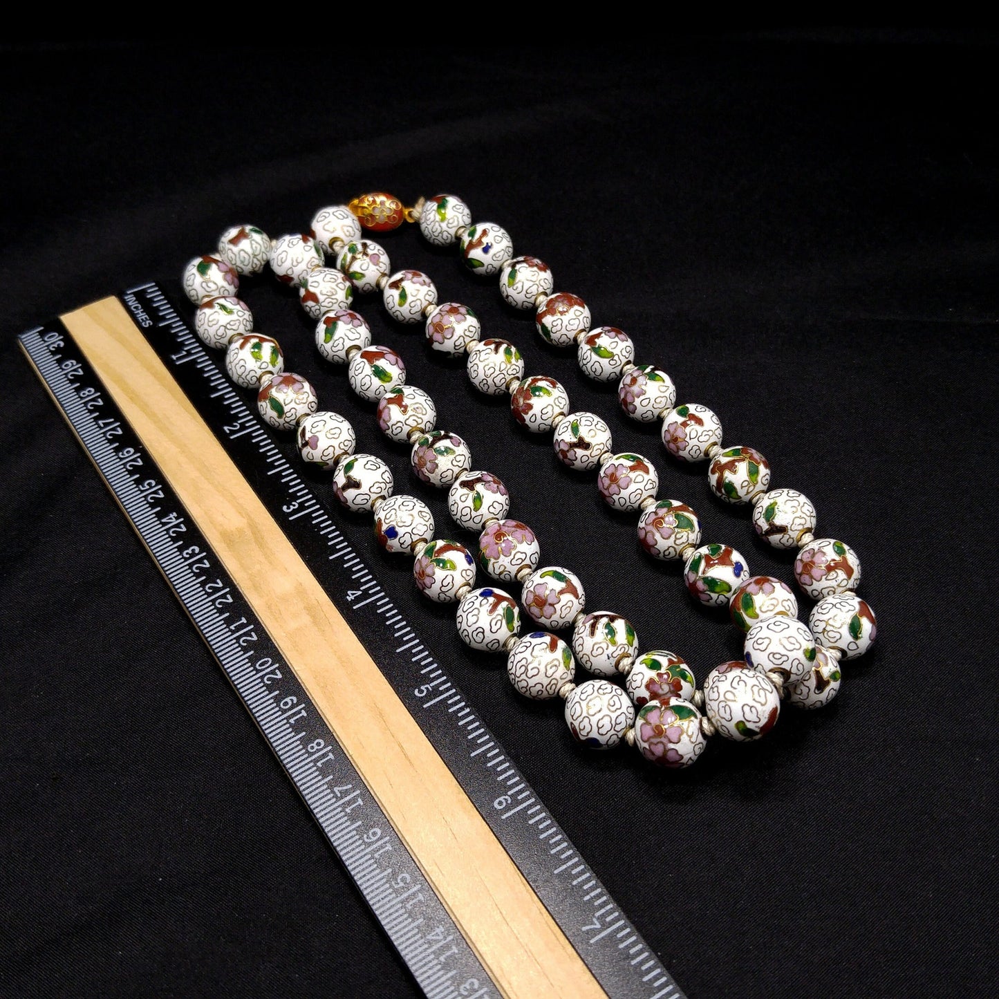 Vintage Cloisonne Beaded Necklace, Hand Knotted, Hand Painted Floral Beads, 1960s Vintage Jewelry