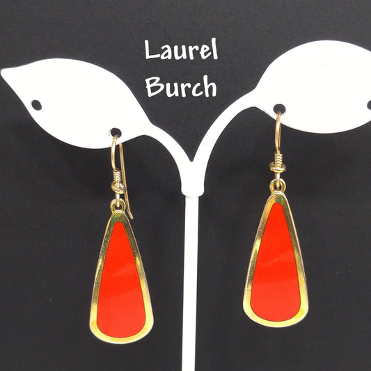 Laurel Burch Red & Gold Teardrop Earrings, Gold Plated, 1980s Vintage Jewelry