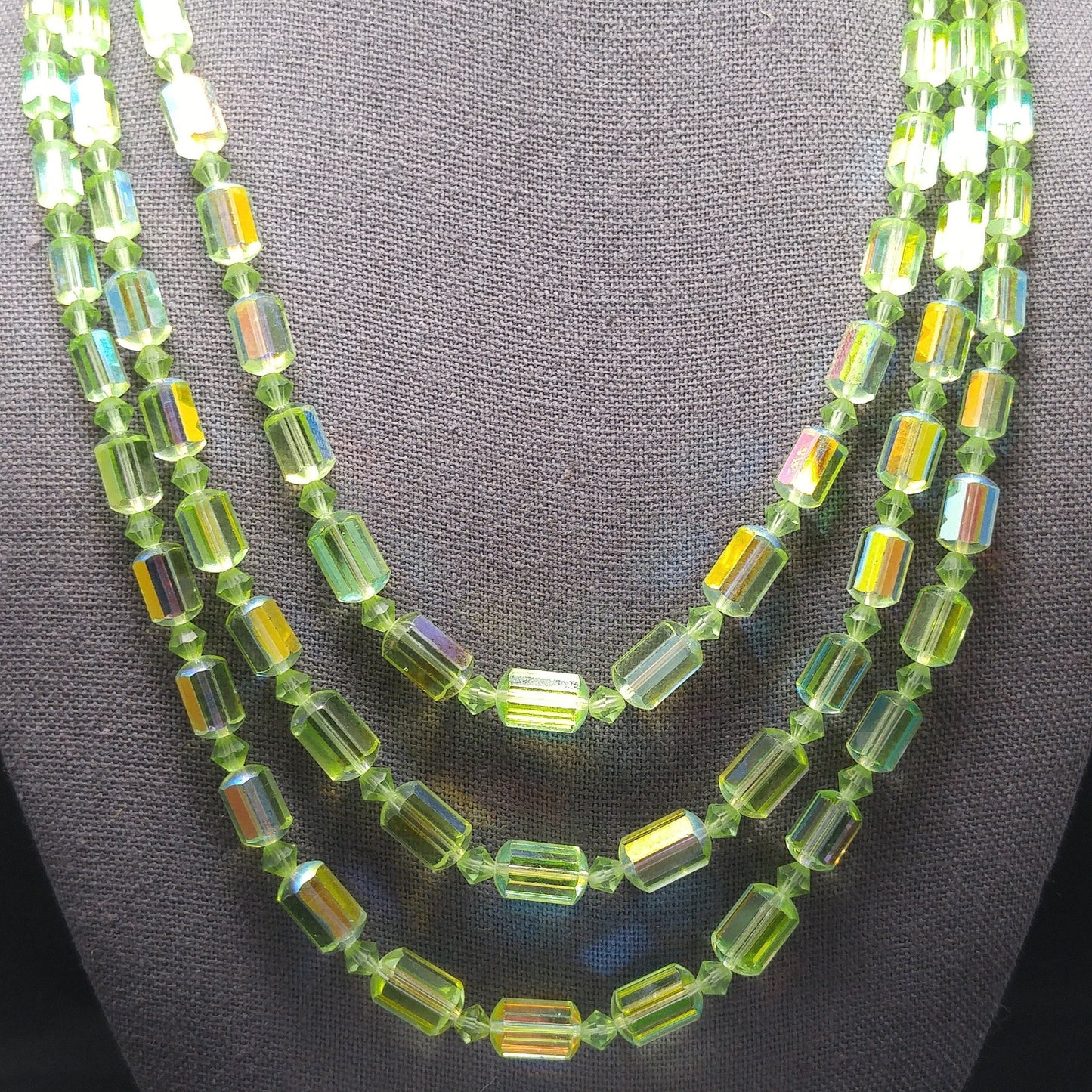 Green AB Barrel Crystal Necklace & Earrings, Austrian Crystal Beads, 1960s Vintage Jewelry