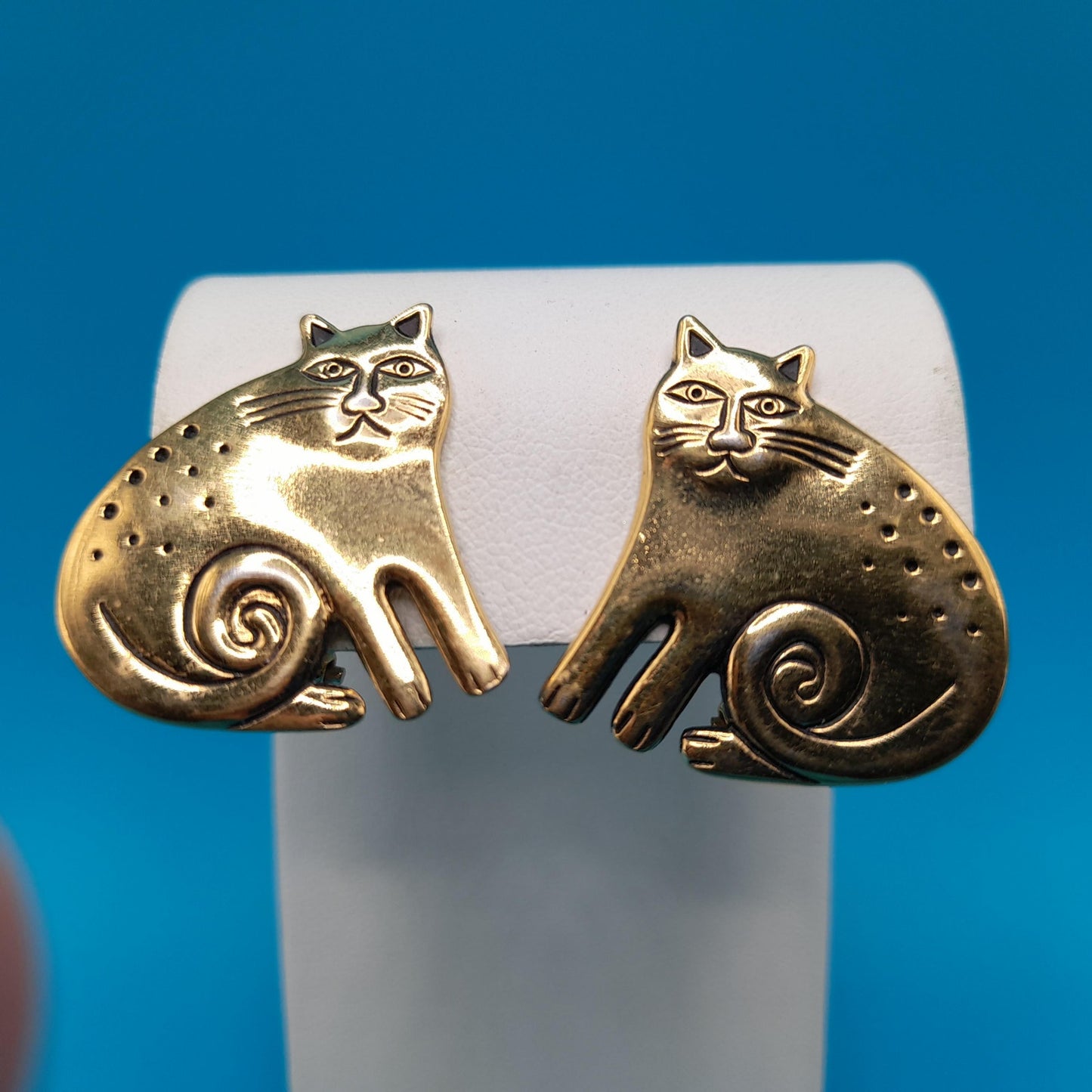 Vintage Laurel Burch Gold Plated Cat Earrings, Clip-on Earrings