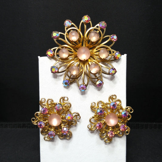 Vintage Pink Aurora Borealis Brooch Earrings Set, Pink Cabochons, 1950s Vintage Jewelry