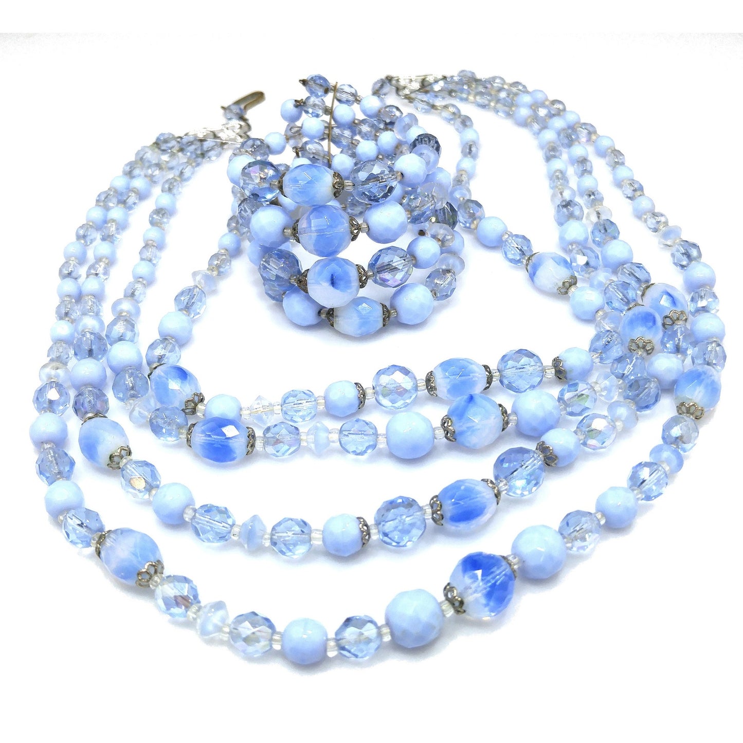 West Germany Blue Beaded Necklace & Bracelet, Art Glass Crystal Beads, 1950s Vintage Jewelry