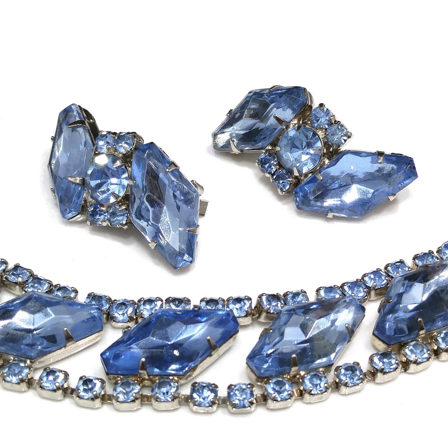 Light Blue Rhinestone Bracelet & Clip Earrings, Rhodium Plated, Ear Climbers, 1960s Vintage Jewelry