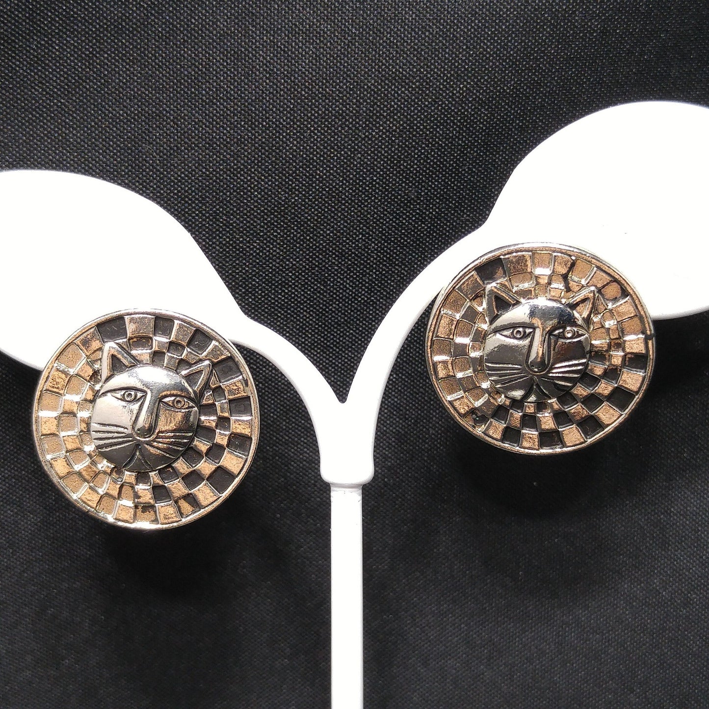 Laurel Burch Cat Face Post Earrings, Checkerboard Background, Rhodium Plate