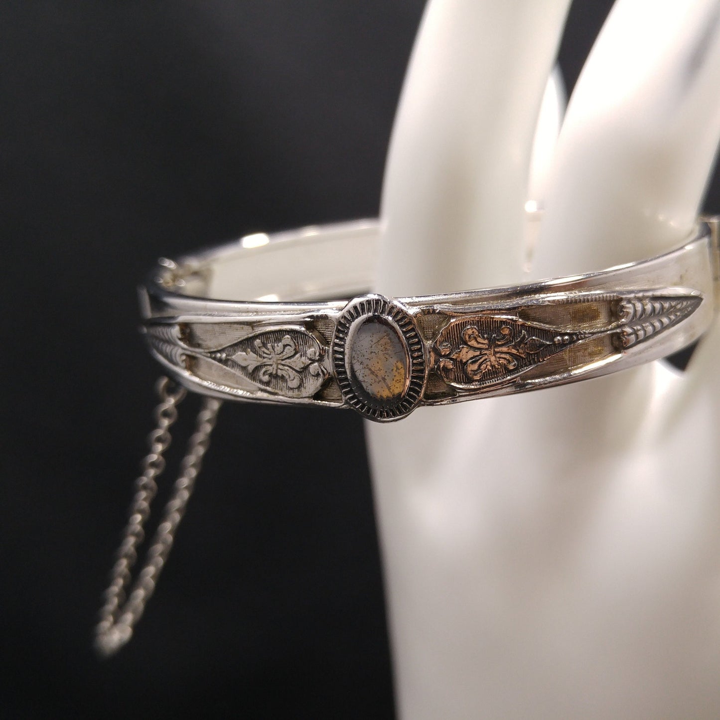 Whiting & Davis Rhodium Plated Hinged Bracelet, Safety Chain, 1960s Vintage Jewelry