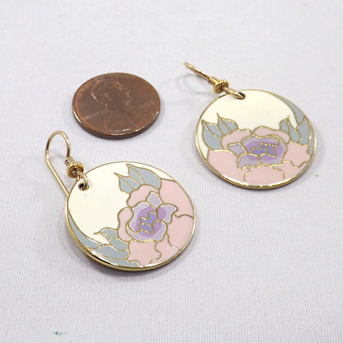 Laurel Burch "Garden Rose" Earrings, Cloisonné Gold Plated, 1980s