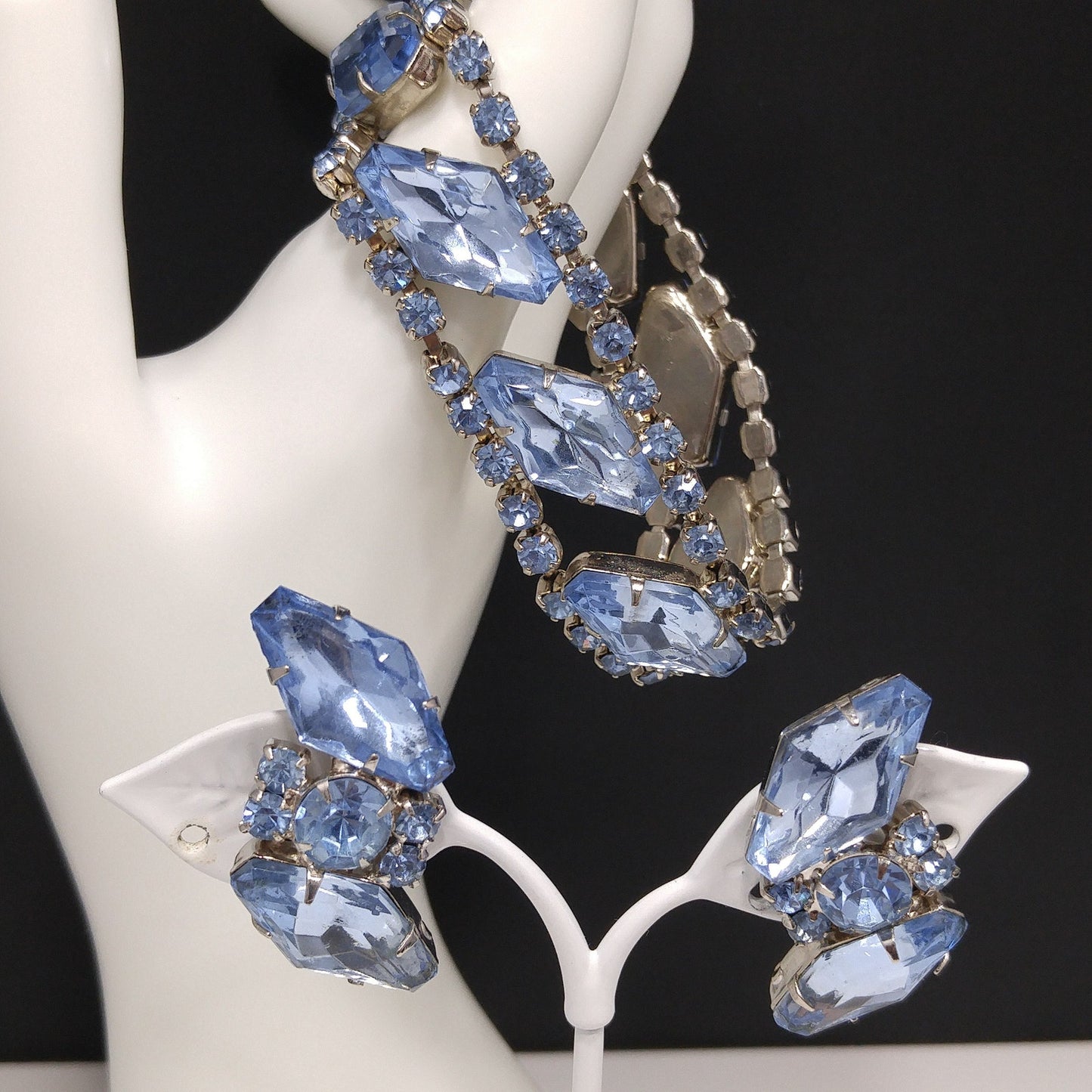 Light Blue Rhinestone Bracelet & Clip Earrings, Rhodium Plated, Ear Climbers, 1960s Vintage Jewelry