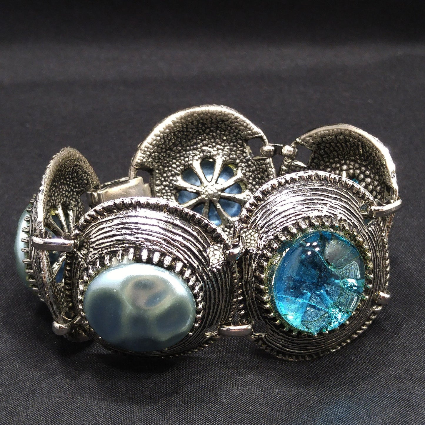 Mid-century Silver Tone Five Link Bracelet, Gold Plated, Blue Lucite Pearled & Clear