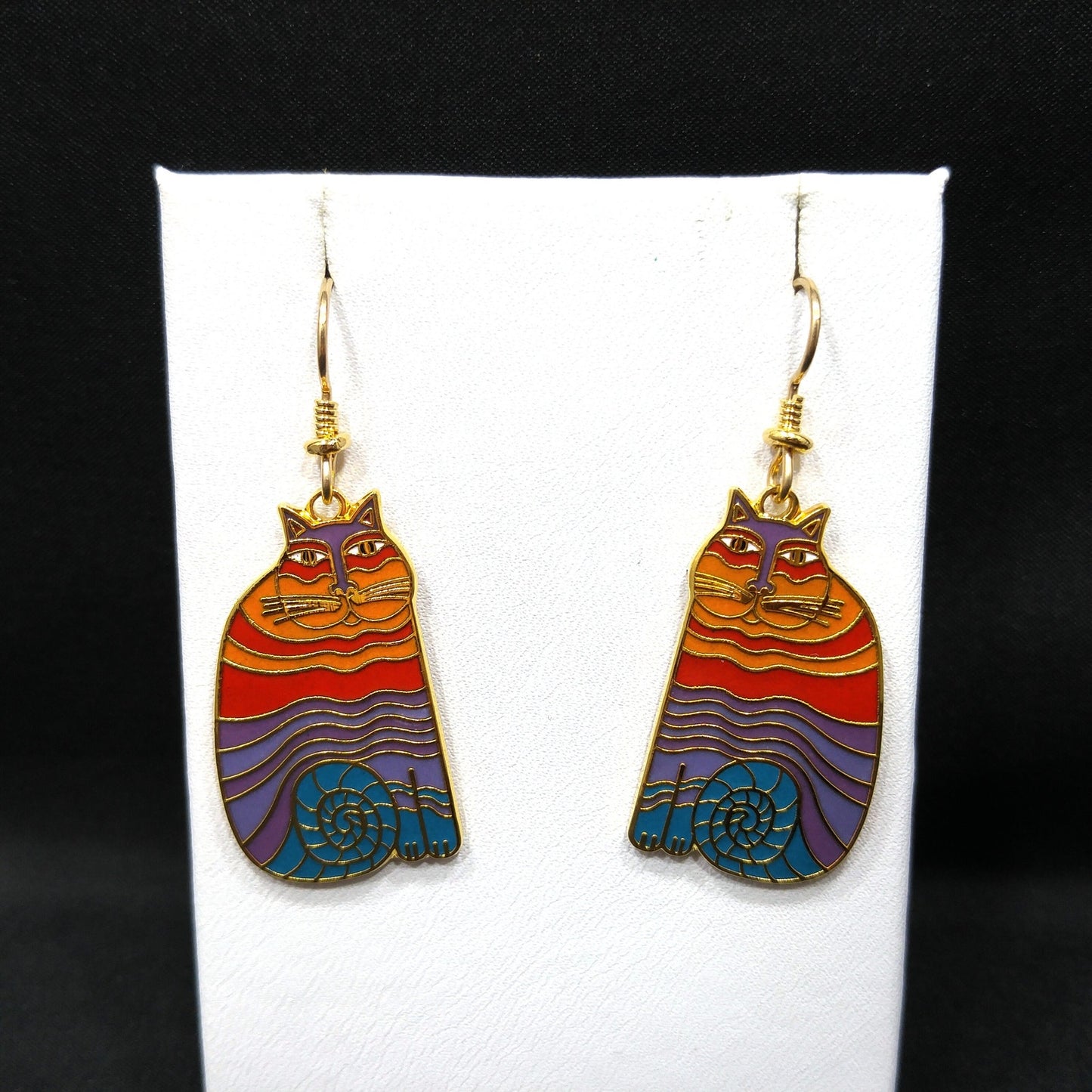 Laurel Burch "Rainbow Cats" Earrings, Multicolored Cloisonne Enamel, 1980s