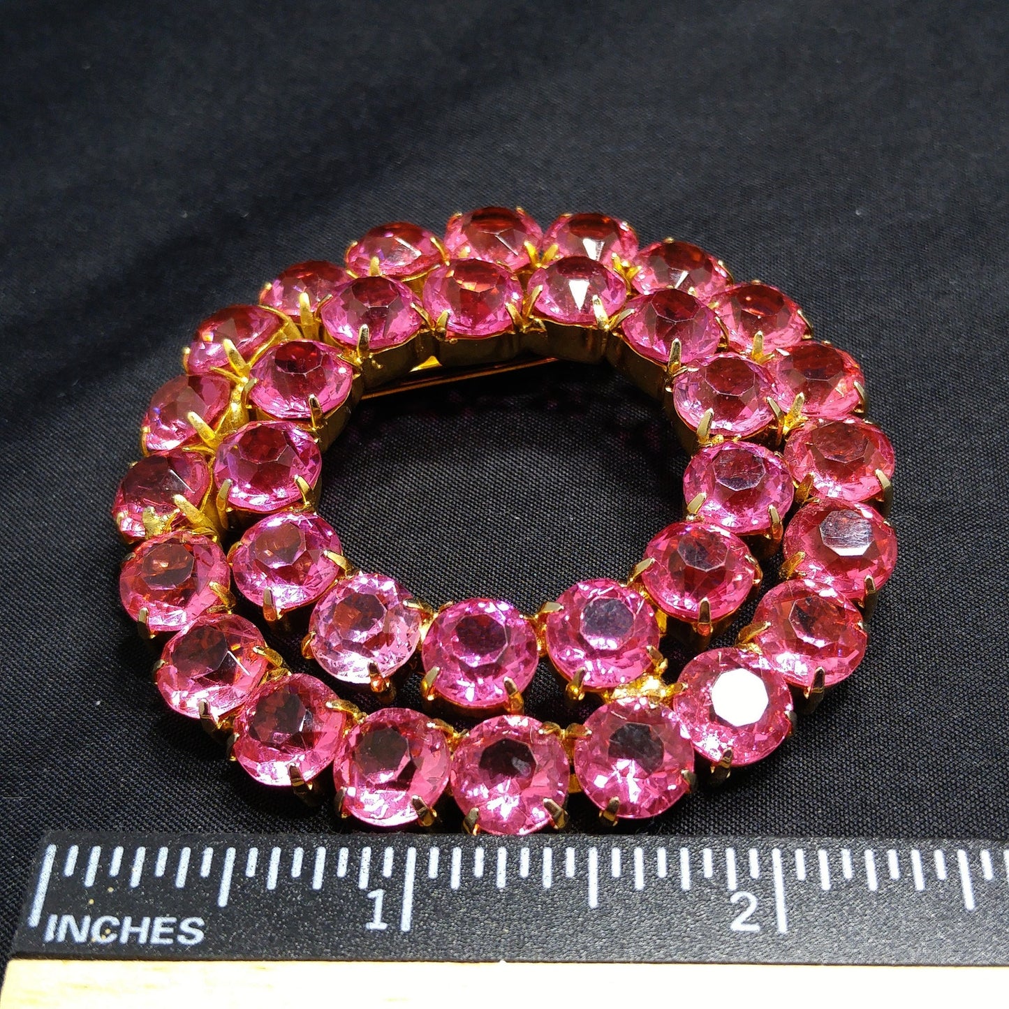 Pink Rhinestone Round Brooch, Gold Plated, Open Back Stones, 1960s Vintage Jewelry