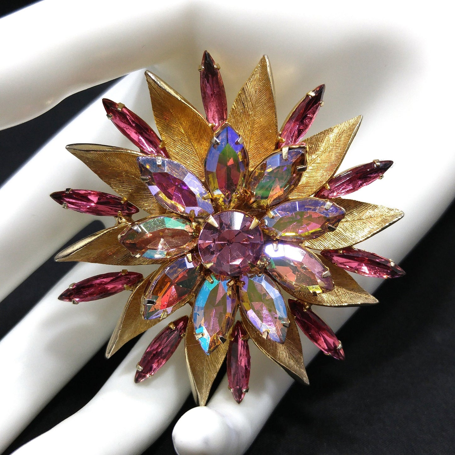 Pink Aurora Borealis Flower Brooch, Gold Plated, Light Dark Pink Rhinestones, 1960s Vintage Jewelry