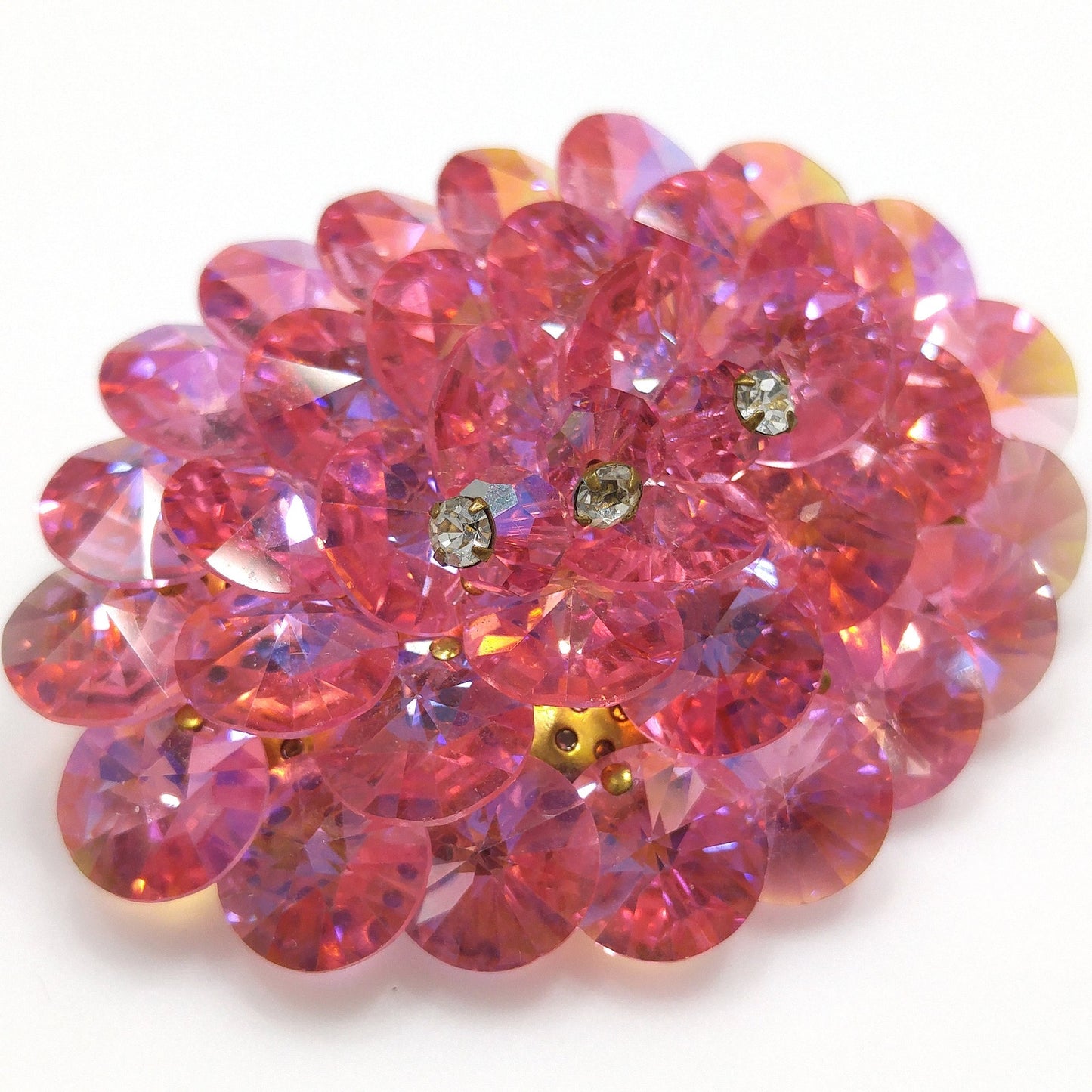 Pink Flat Crystal Brooch & Earrings, Aurora Borealis, 1960s Vintage Jewelry