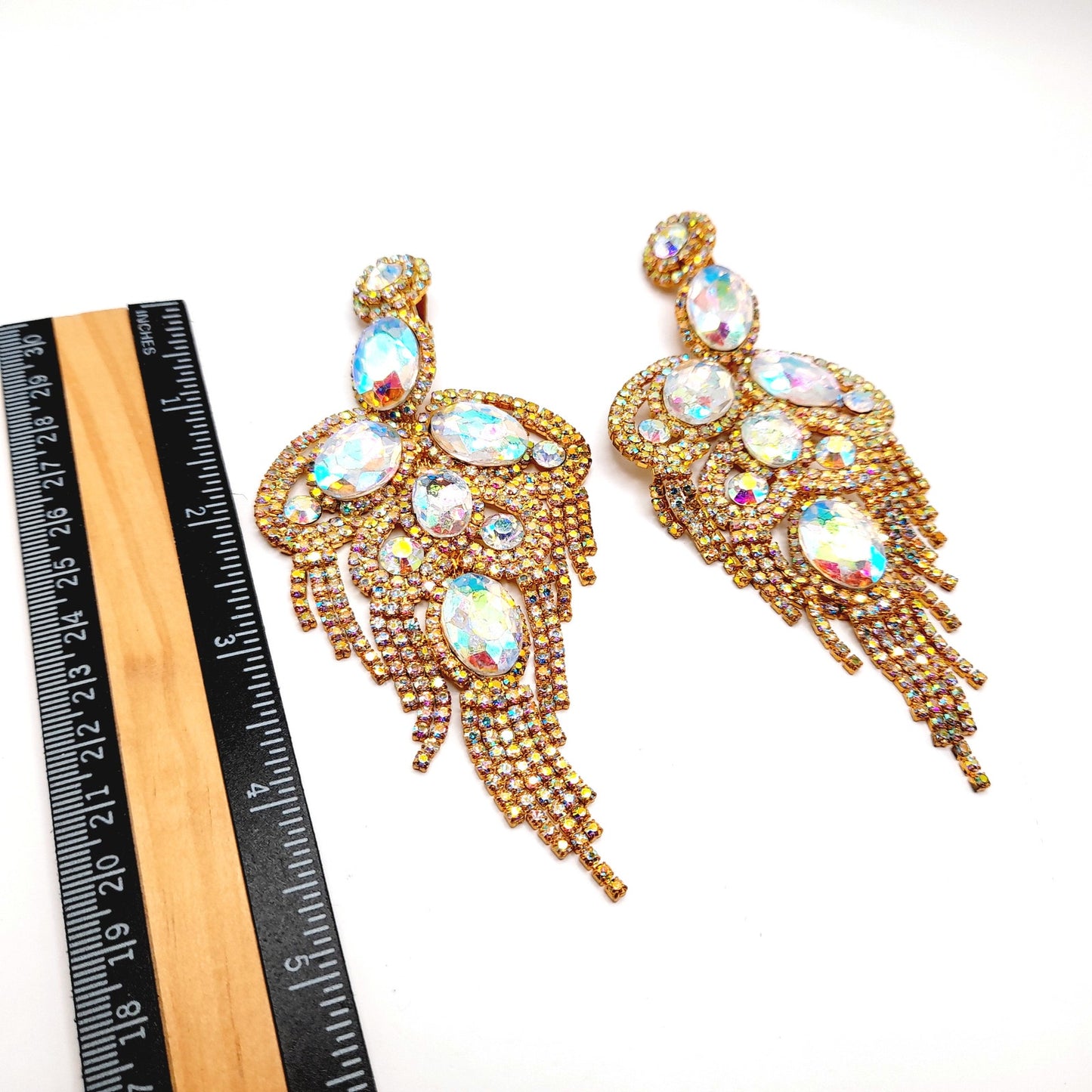 Runway Aurora Borealis Rhinestone Clip Earrings – Gold Tone Statement Jewelry