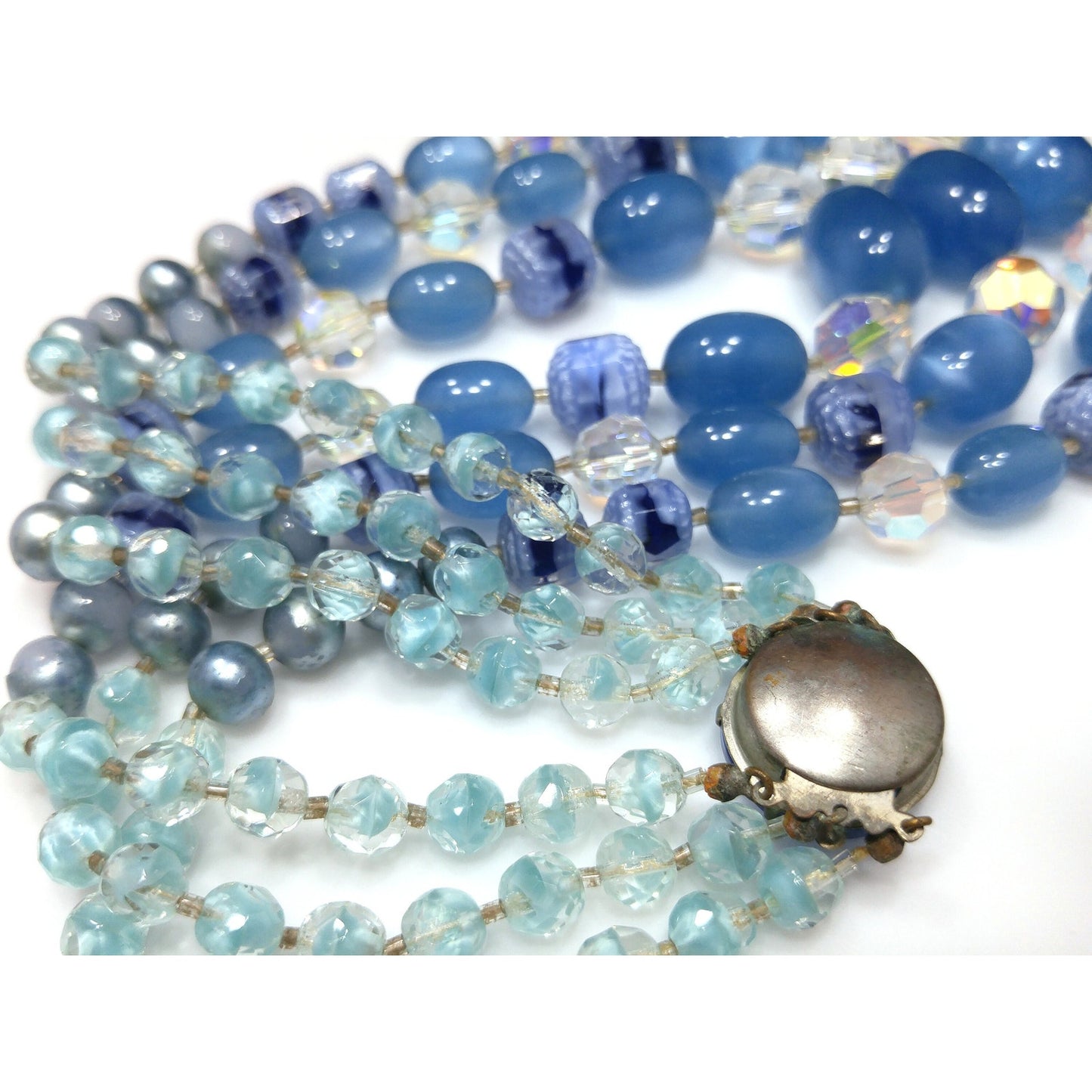 Blue Moonglow Crystal Art Glass Beaded Necklace, Three Strands, Crystal Clasp, 1950s Vintage Jewelry